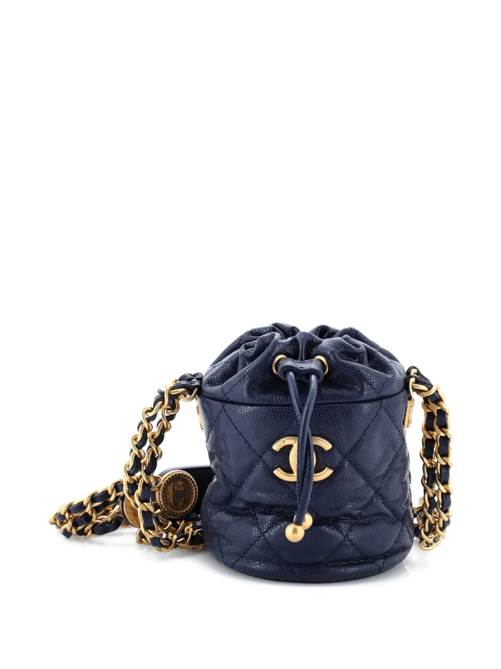 Pre-owned Chanel Twist Your Buttons Drawstring Quilted Caviar Mini Bucket Bag In Blue