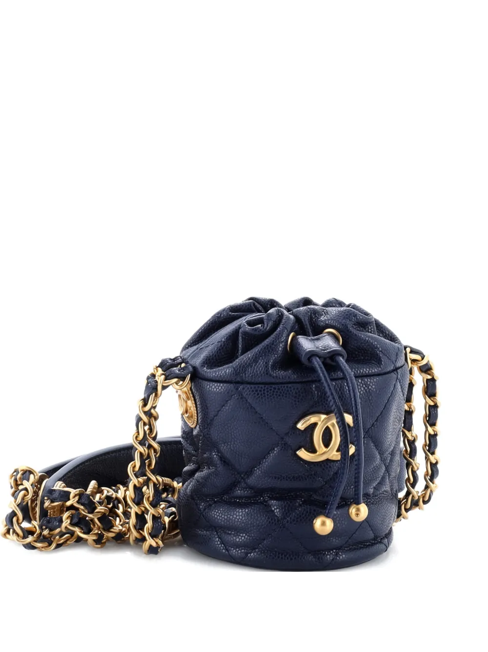 CHANEL Pre-Owned bolsa bucket Twist Your Buttons mini de piel caviar capitonada con cordones | azul | Image 1