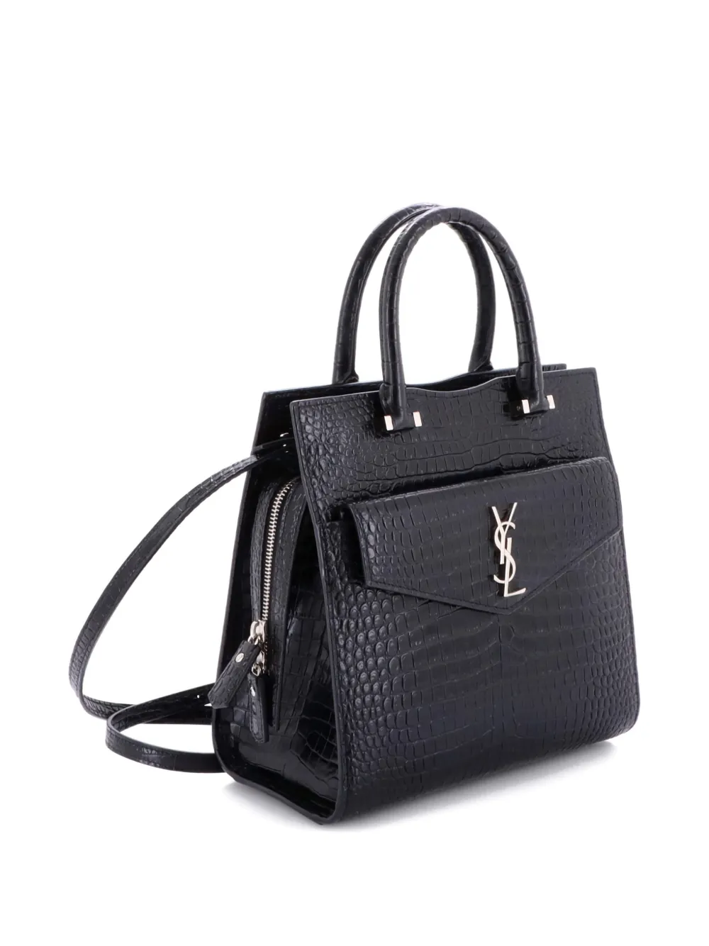 Pre-owned Saint Laurent Uptown Crocodile Embossed Leather Small Tote Bag In Black