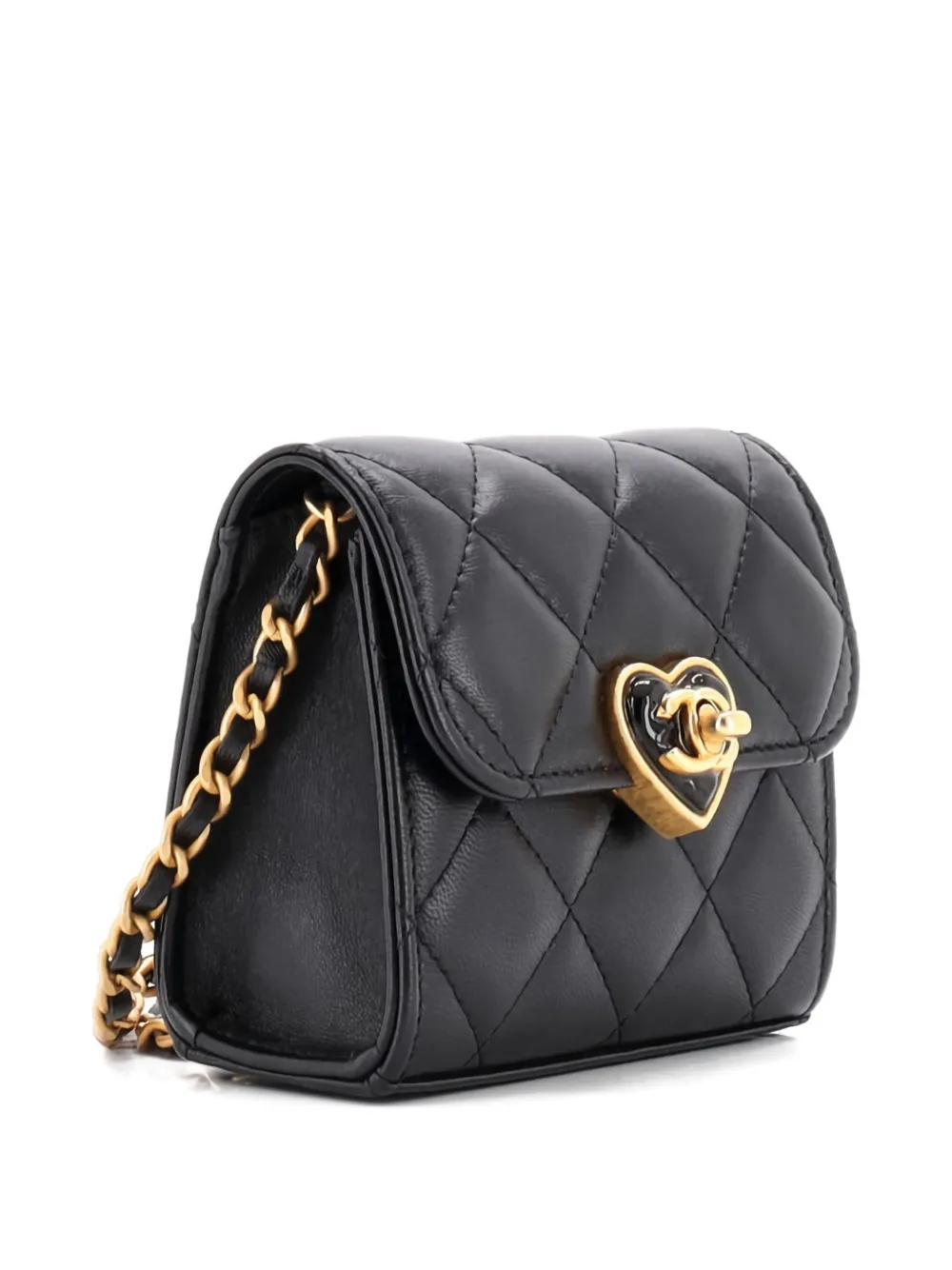 Pre-owned Chanel Coco Love Cc Heart Clutch With Chain Quilted Lambskin Mini Crossbody Bag In Black