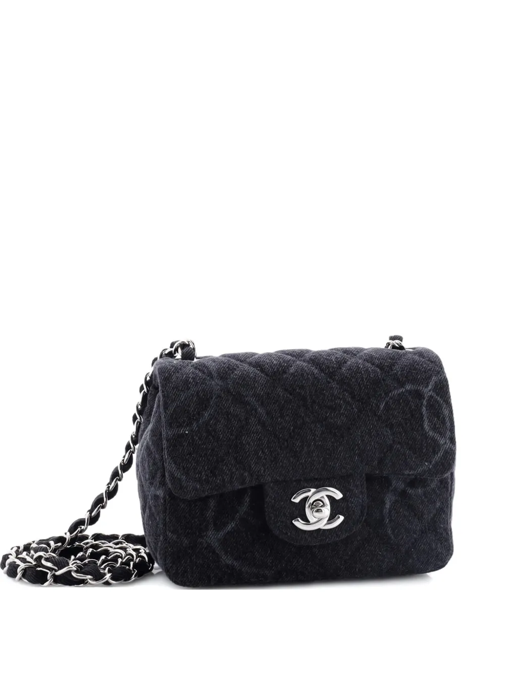 Pre-owned Chanel Square Classic Single Flap Bag Quilted Cc Printed Denim Mini Crossbody Bag In Black