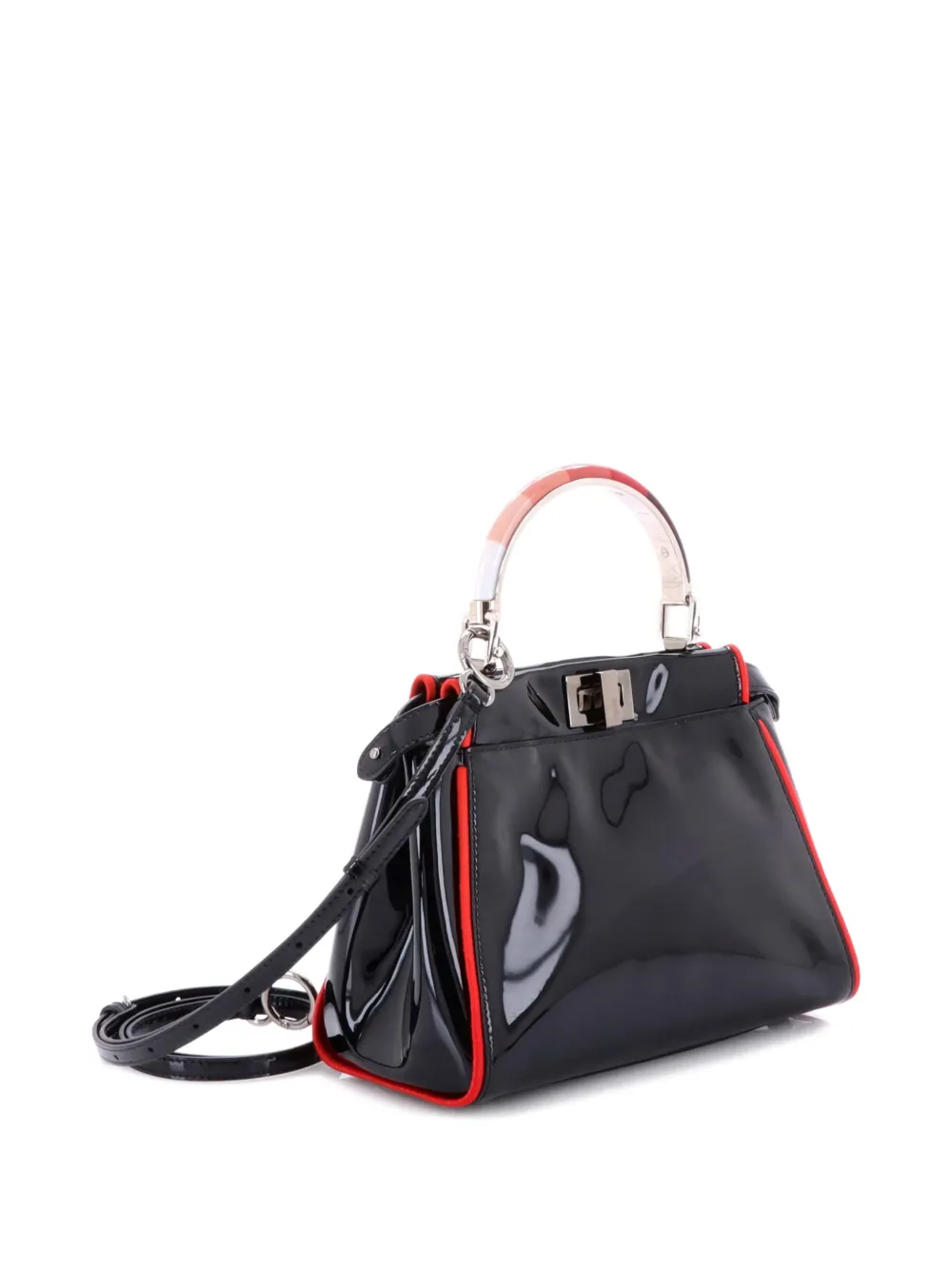 Pre-owned Fendi Resin Handle Peekaboo Bag Patent Mini Satchel In Black