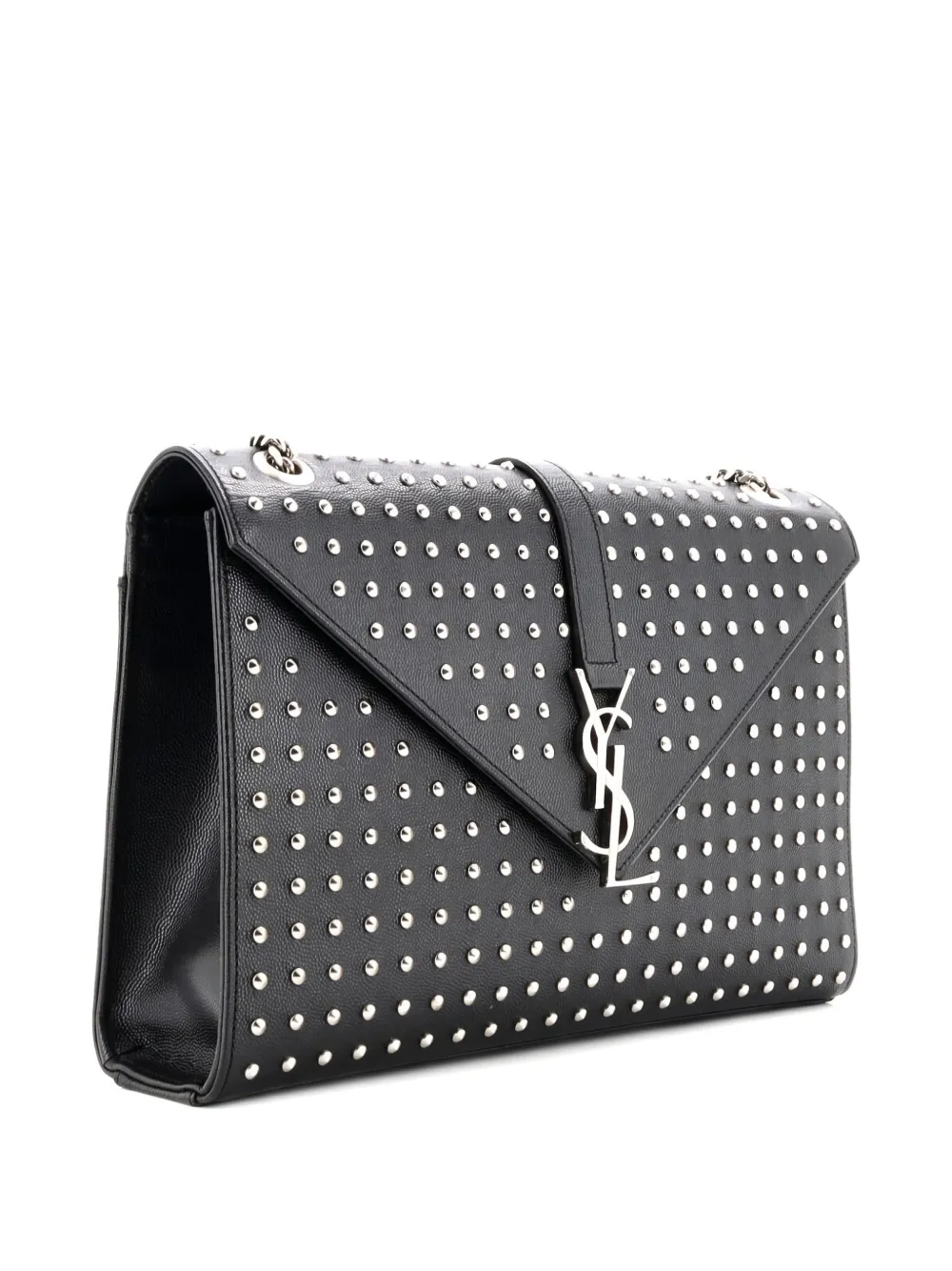 Pre-owned Saint Laurent Classic Monogram Envelope Satchel Studded Leather Large Shoulder Bag In Black