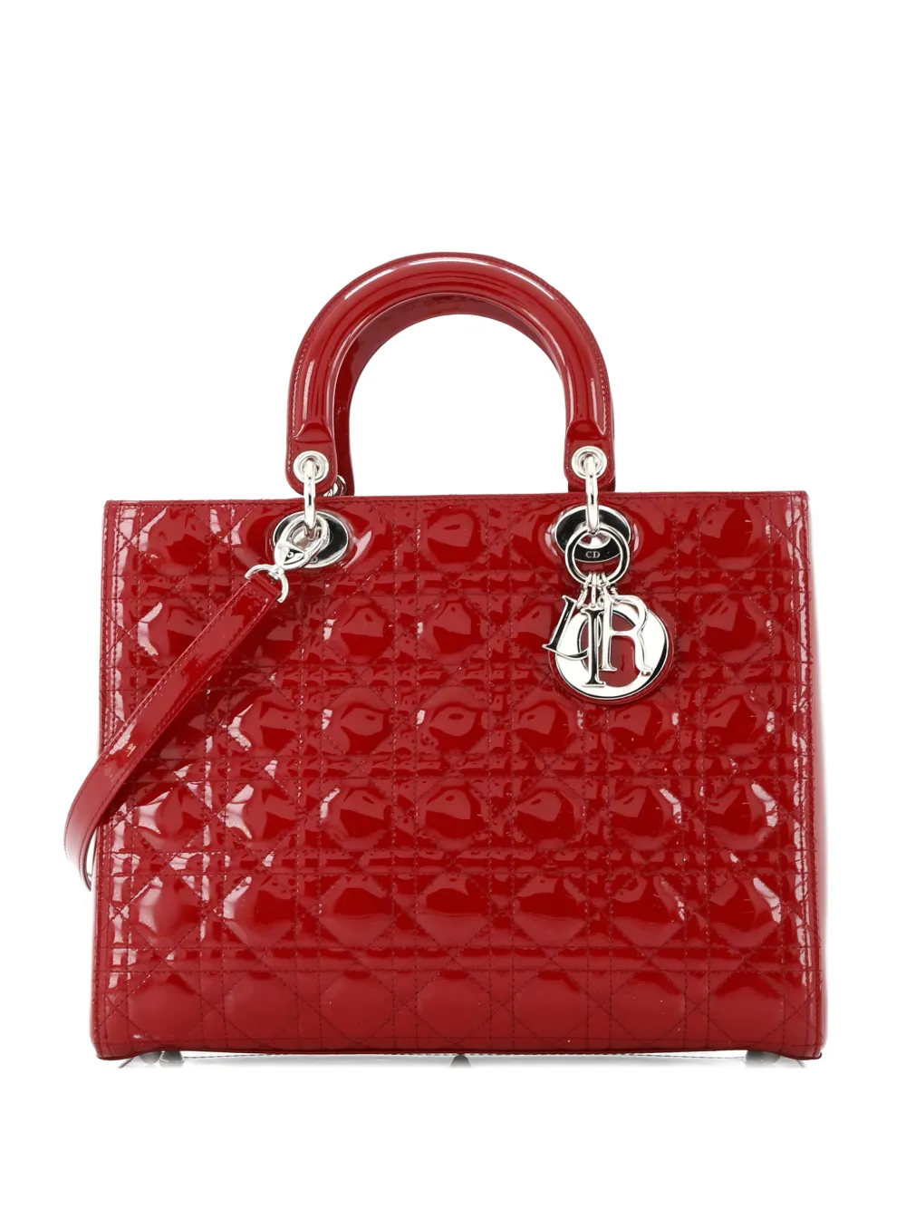 Pre-owned Dior Lady  Bag Cannage Quilt Patent Large Satchel In Red