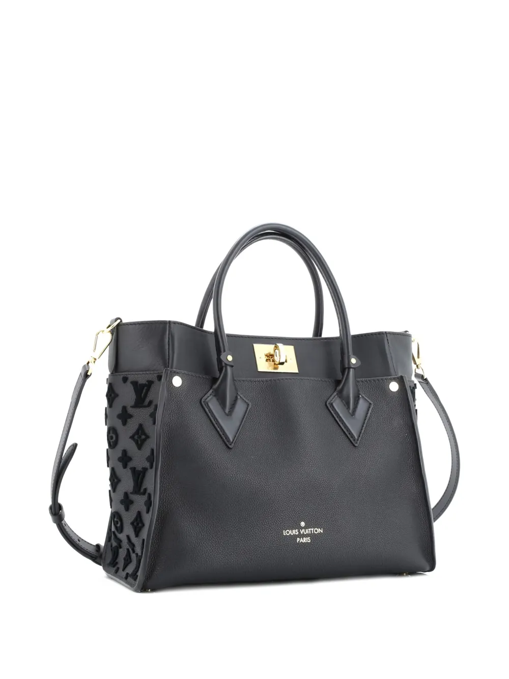 Pre-owned Louis Vuitton On My Side Monogram Tuffetage Leather Mm Tote Bag In Black