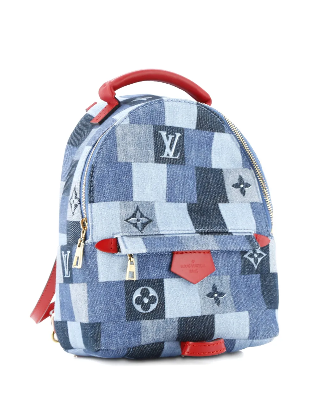 Pre-owned Louis Vuitton Palm Springs Damier And Monogram Patchwork Denim Mini Backpack In Blue