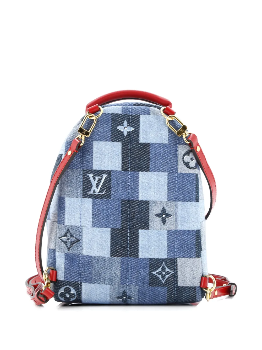 Pre-owned Louis Vuitton Palm Springs Damier And Monogram Patchwork Denim Mini Backpack In Blue