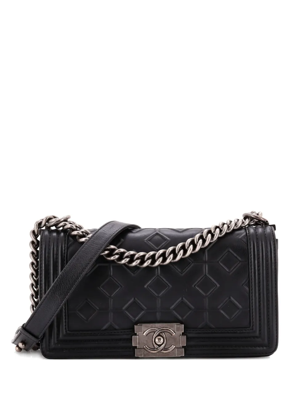 Pre-owned Chanel Arabesque Boy Flap Bag Embossed Calfskin Old Medium Shoulder Bag In Black