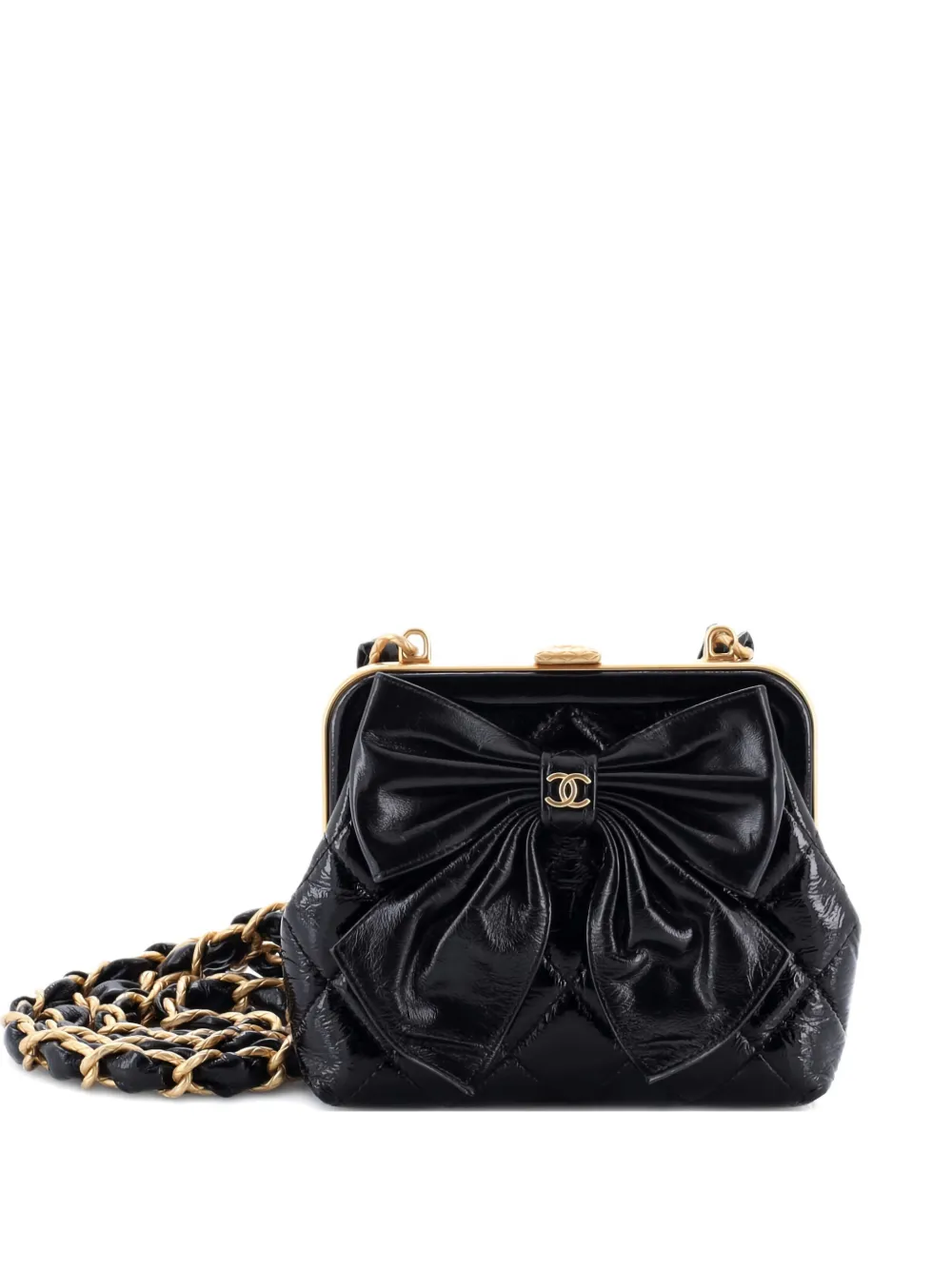 Pre-owned Chanel Bow Frame Clutch With Chain Quilted Patent With Lambskin Mini Crossbody Bag In Black