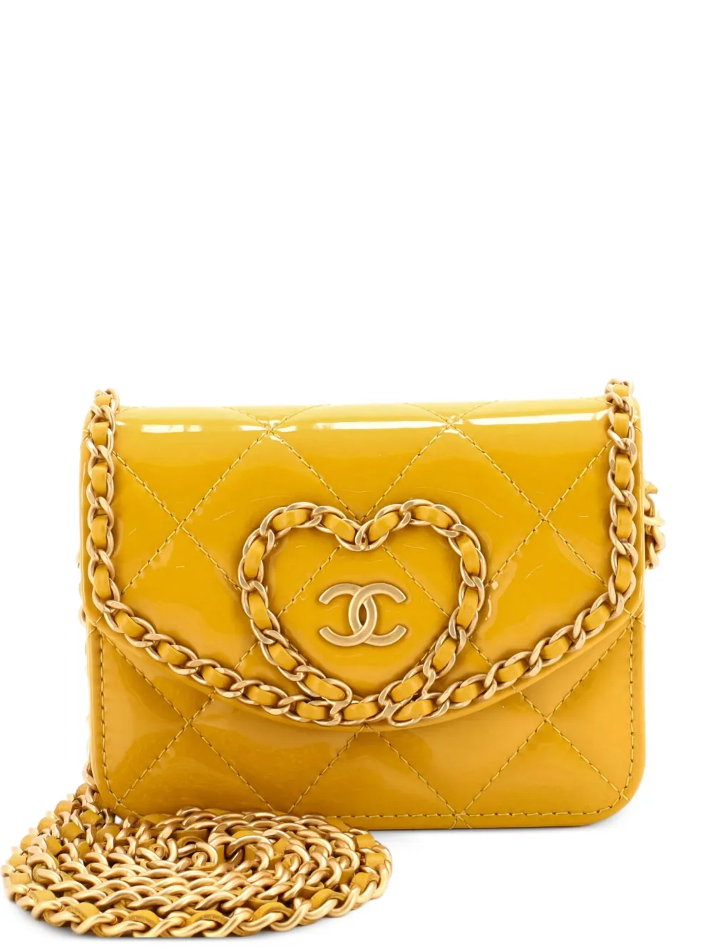 CHANEL Pre-Owned Heart Chain Flap Bag Quilted Patent Mini crossbody bag - Giallo