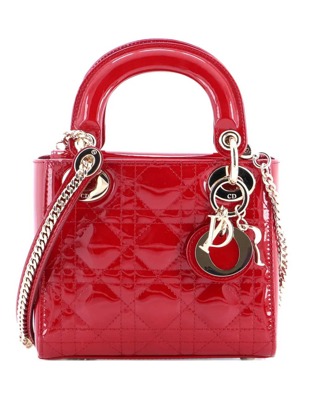 Pre-owned Dior Lady Chain Bag Cannage Quilt Patent Mini Satchel In Red