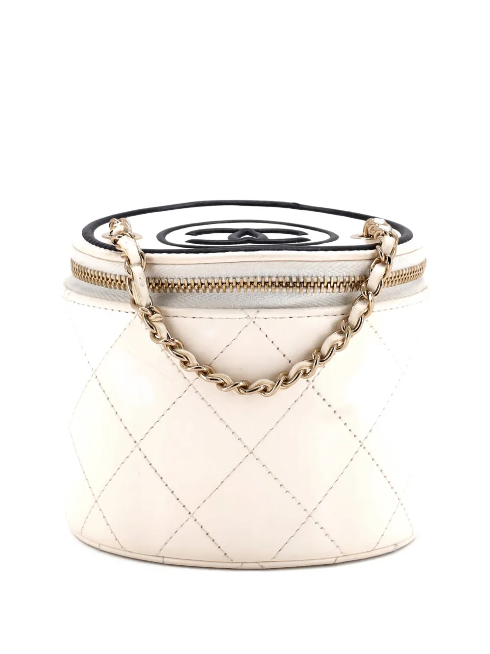 Pre-owned Chanel Cc Round Vanity Case With Chain Quilted Lambskin Mini Clutch Bag In White