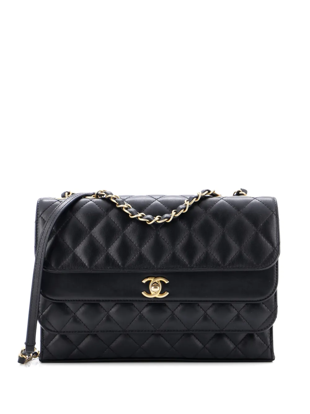 Pre-owned Chanel Triple Flap Bag Quilted Calfskin Medium Crossbody Bag In Black