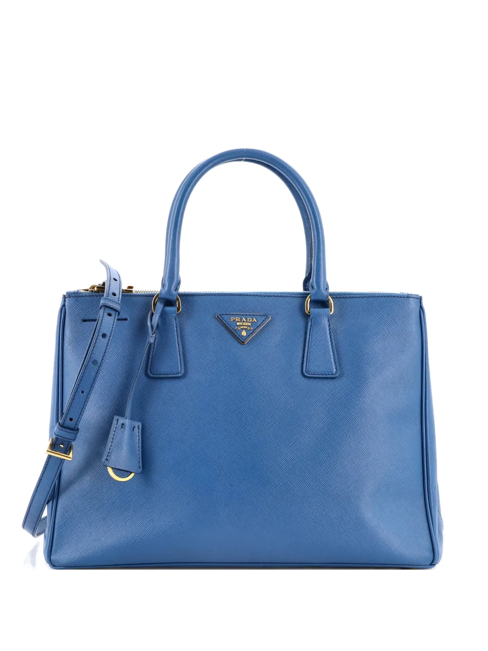 Pre-owned Prada Double Zip Lux Saffiano Leather Medium Tote Bag In Blue