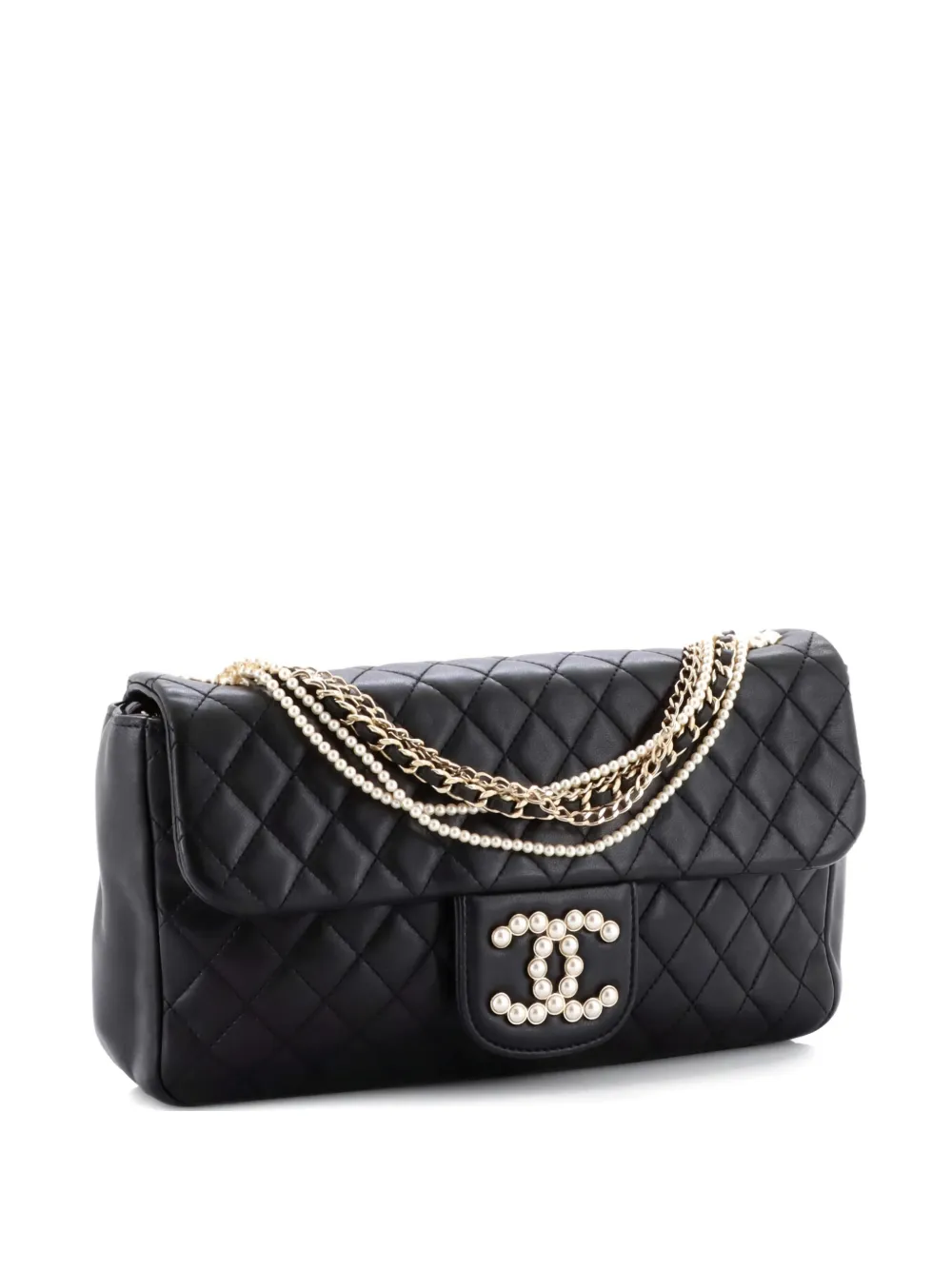 Pre-owned Chanel Westminster Pearl Chain Flap Bag Quilted Lambskin Medium Shoulder Bag In Black