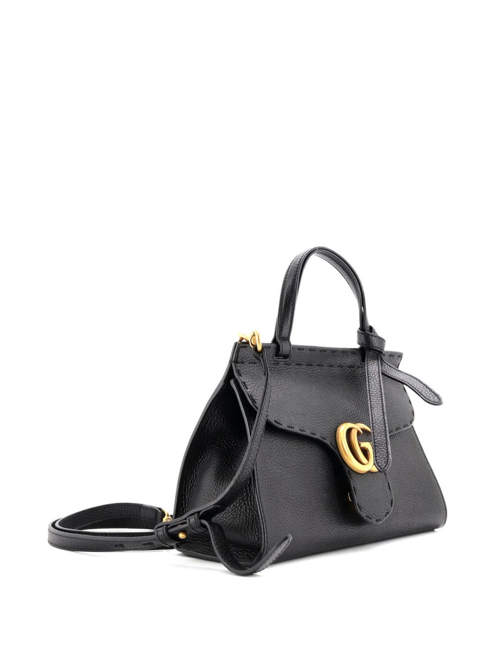 Pre-owned Gucci Gg Marmont Top Handle Bag Leather Mini Satchel In Black