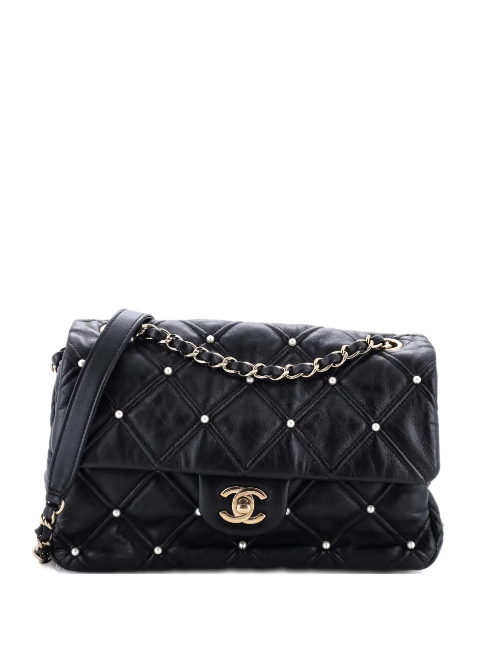 Pre-owned Chanel Cc Flap Bag Pearl Studded Quilted Lambskin Medium Shoulder Bag In Black