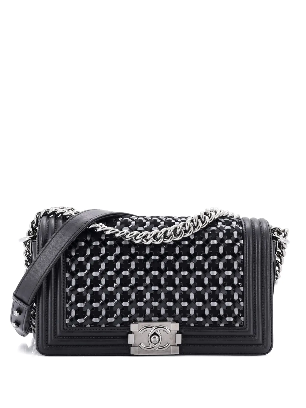 Pre-owned Chanel Boy Flap Bag Braided Patent And Calfskin Old Medium Shoulder Bag In Black