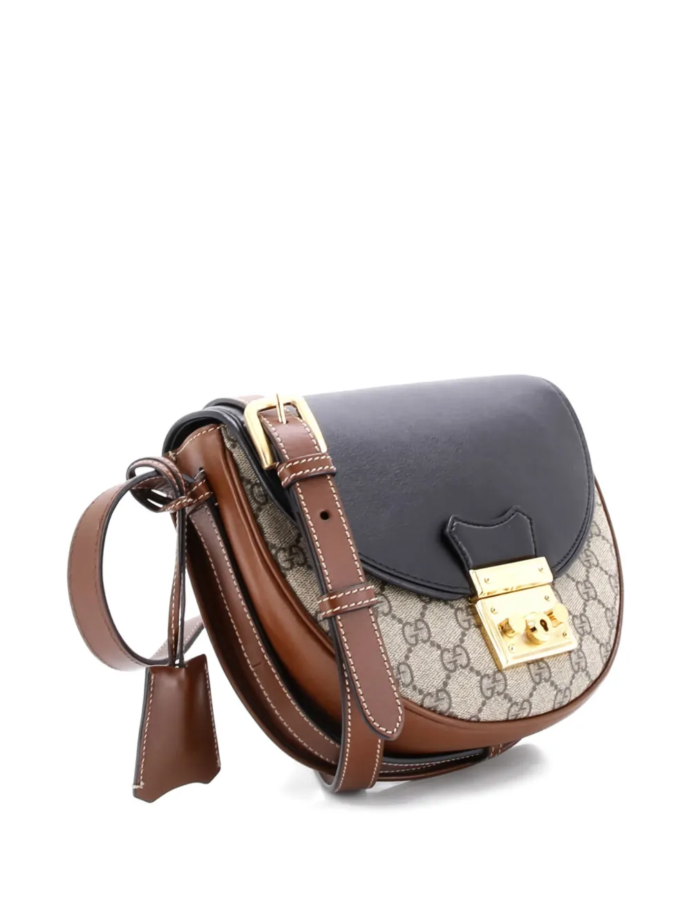 Pre-owned Gucci Padlock Saddle Shoulder Bag Gg Coated Canvas And Leather Small Crossbody Bag In Black
