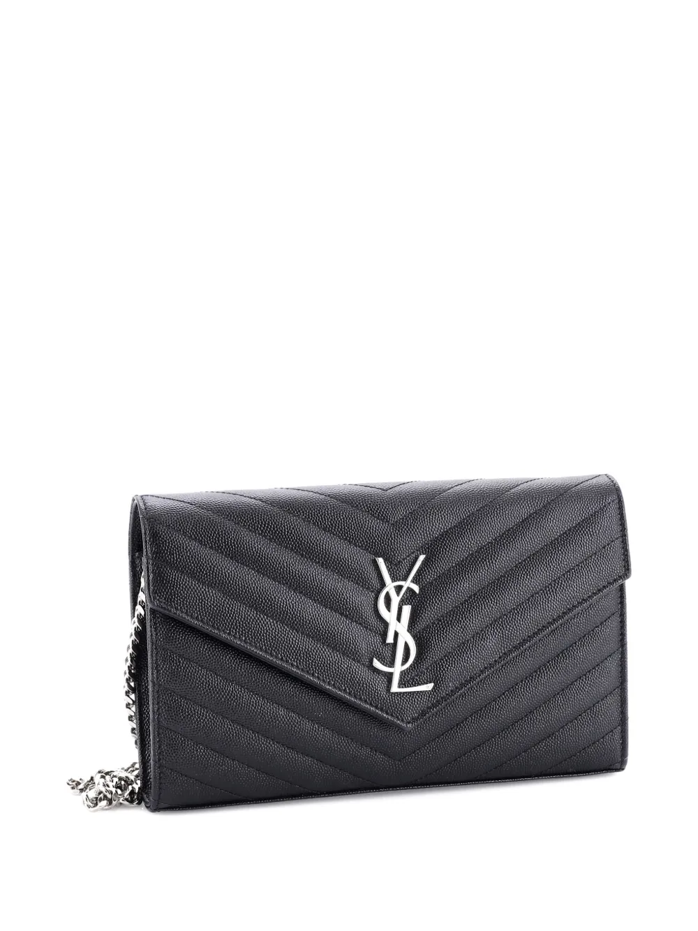 SAINT LAURENT Pre-owned Classic Monogram Wallet On Chain Matelasse Chevron Leather Medium Crossbody Bag In Black