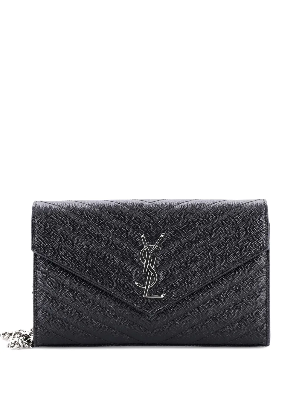 Pre-owned Saint Laurent Classic Monogram Wallet On Chain Matelasse Chevron Leather Medium Crossbody Bag In Black