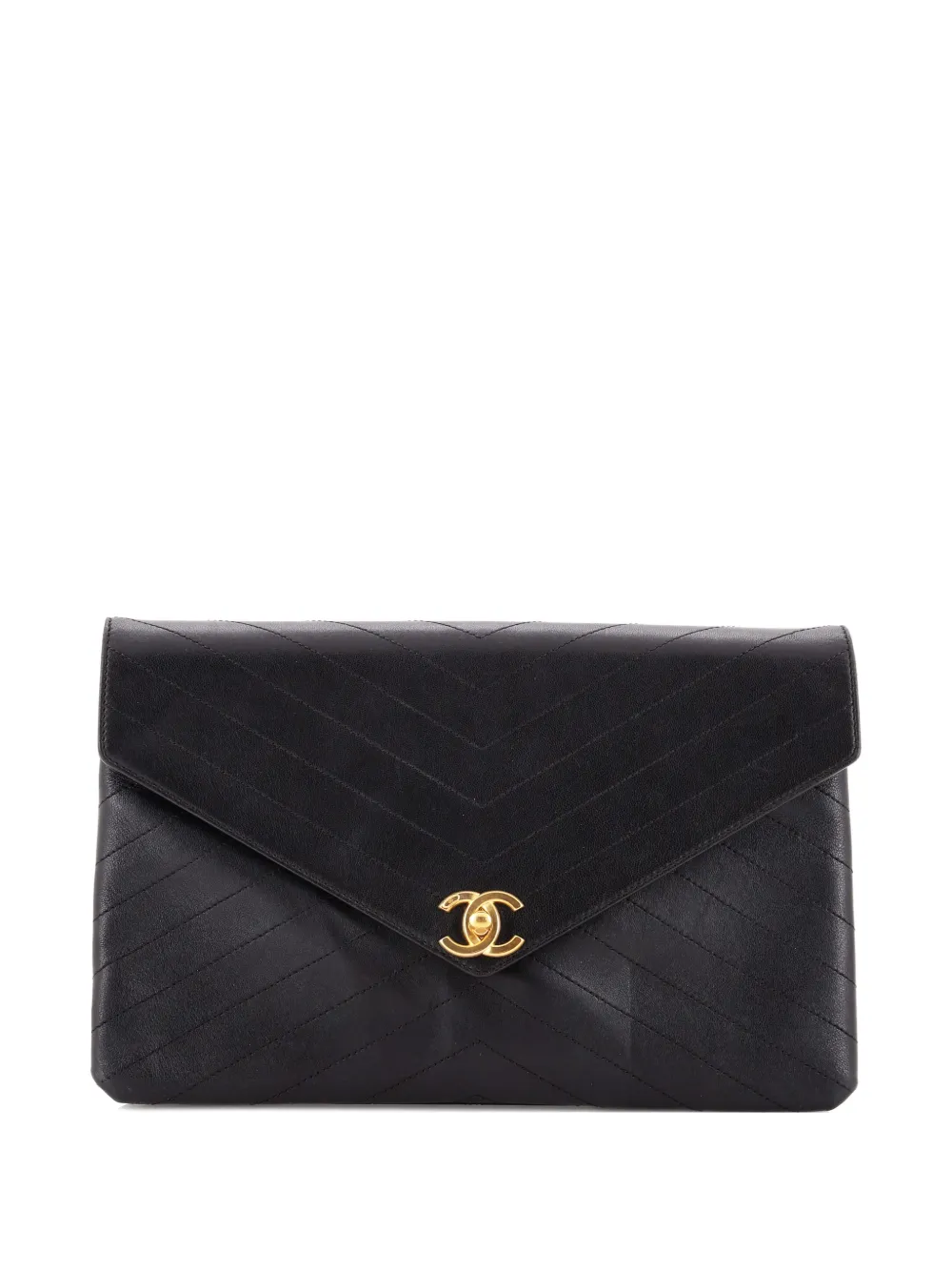 Pre-owned Chanel Coco Chevron Flap Stitched Calfskin Clutch Bag In Black