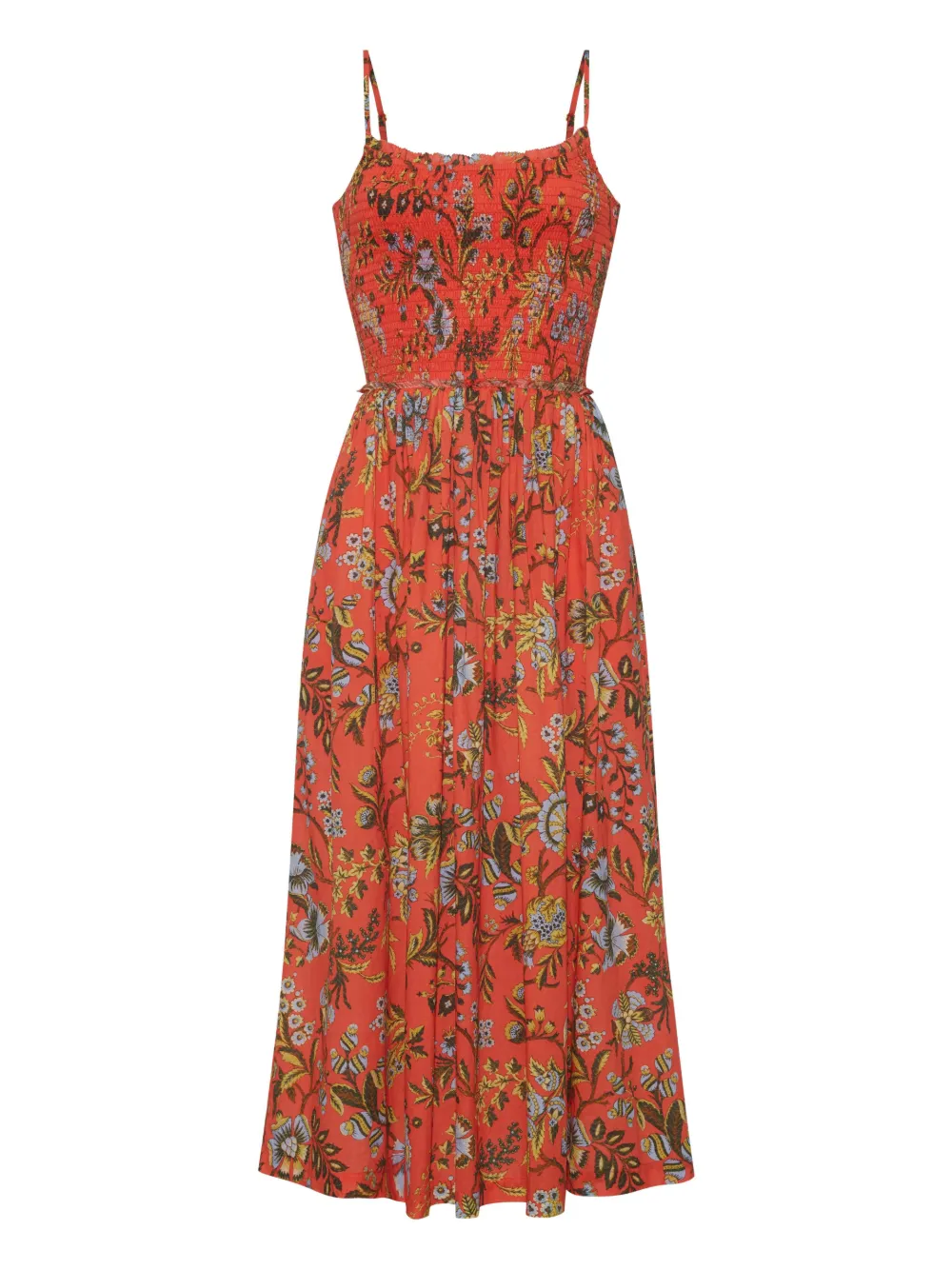 Cara Cara Carmen Ruffled-trim Smocked-panel Midi Dress In Orange