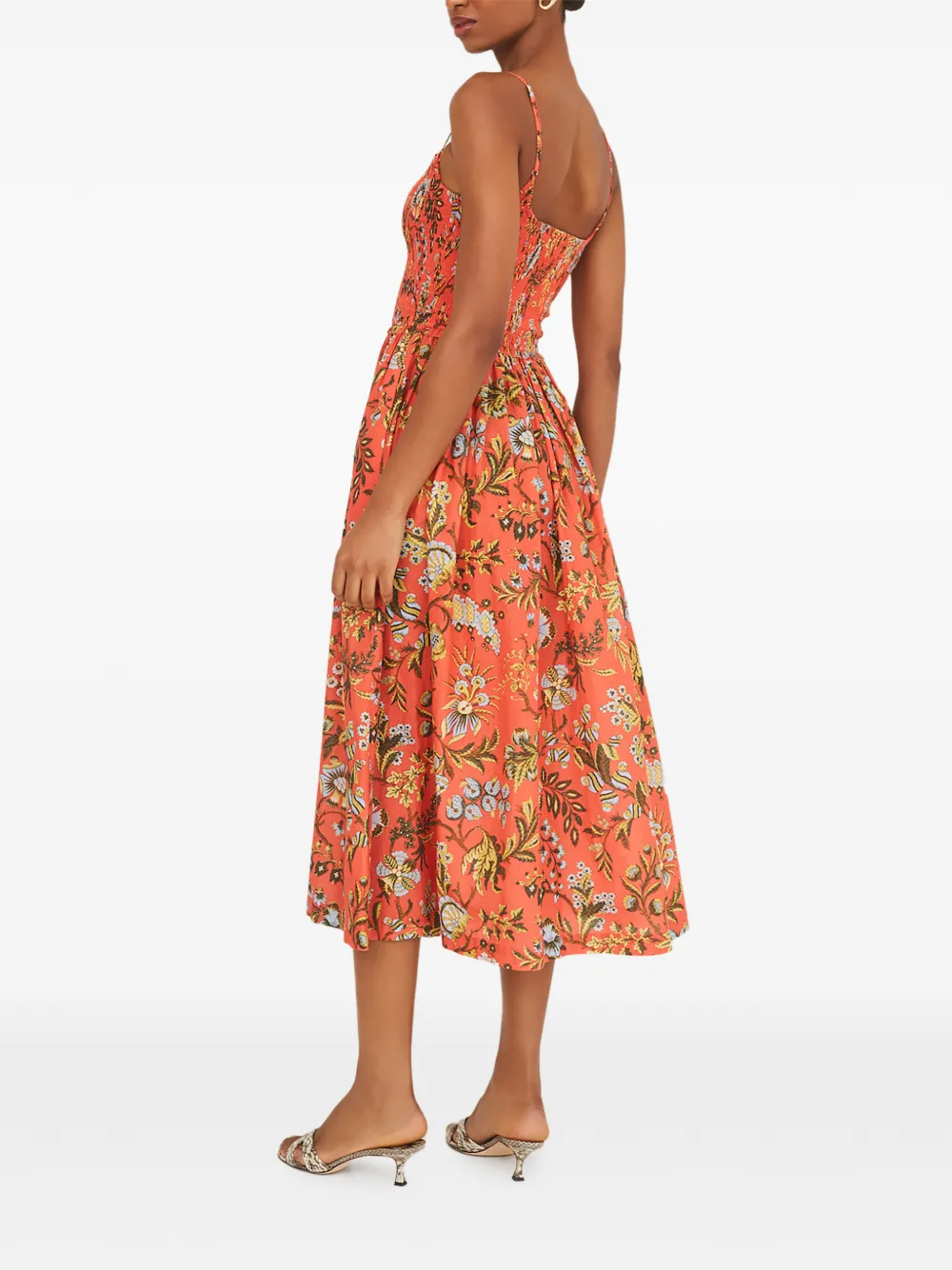  Cara Cara Carmen Ruffled-trim Smocked-panel Midi Dress - Orange 