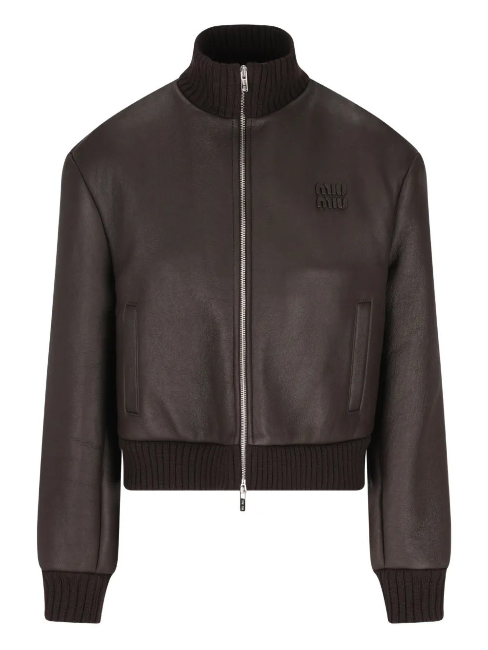 Miu Miu logo-patch zipped jacket | Brown | Image 1