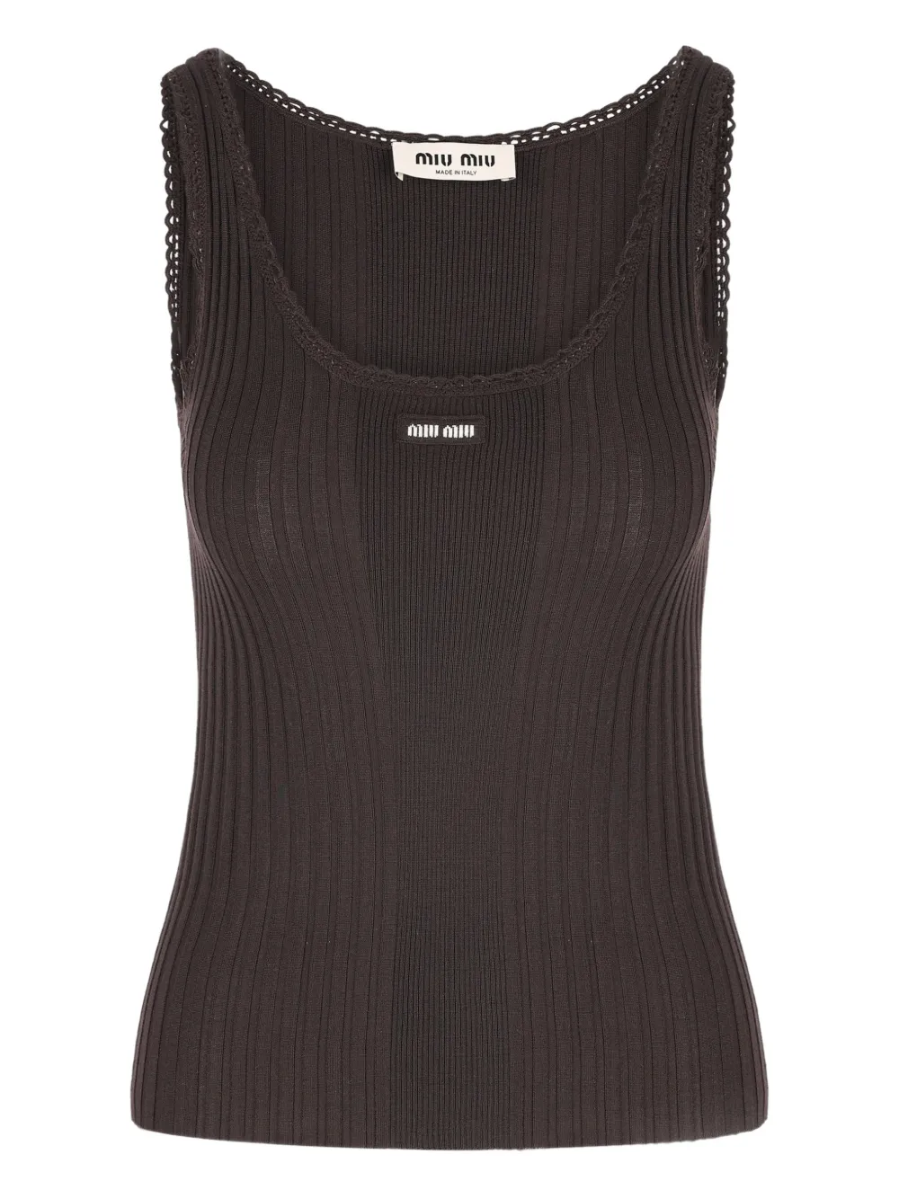 Miu Miu ribbed-knit crocheted-trim top | Brown | Image 1