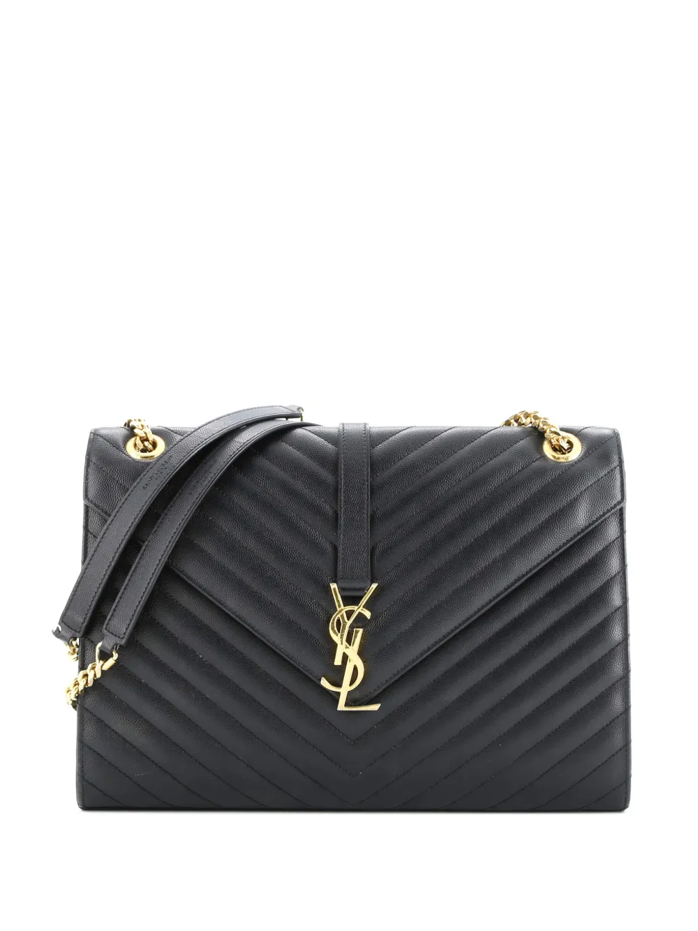 Pre-owned Saint Laurent Classic Monogram Envelope Satchel Matelasse Chevron Leather Large Shoulder Bag In Black