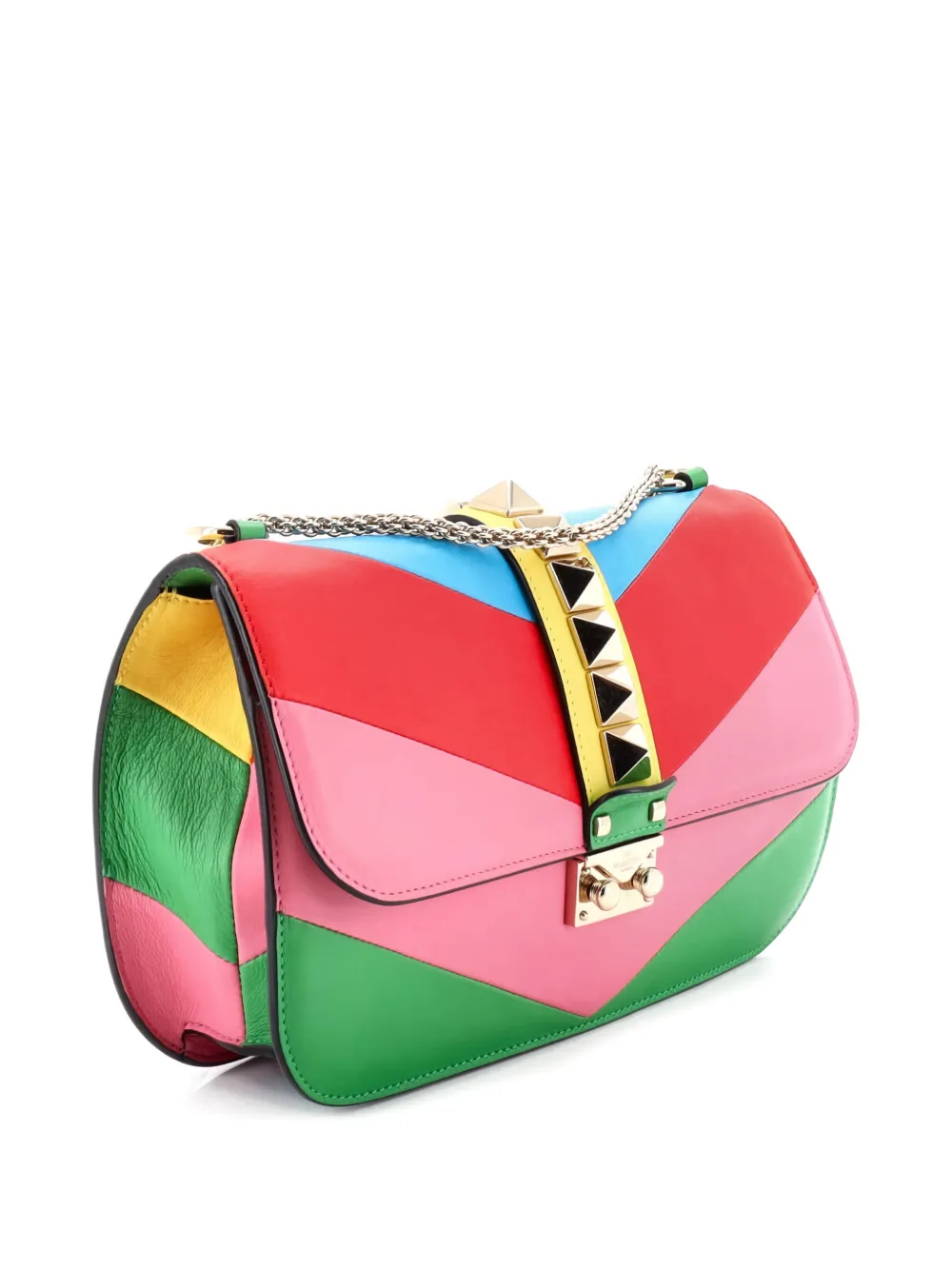 Pre-owned Valentino Garavani 1973 Glam Lock Striped Leather Medium Shoulder Bag In Multi