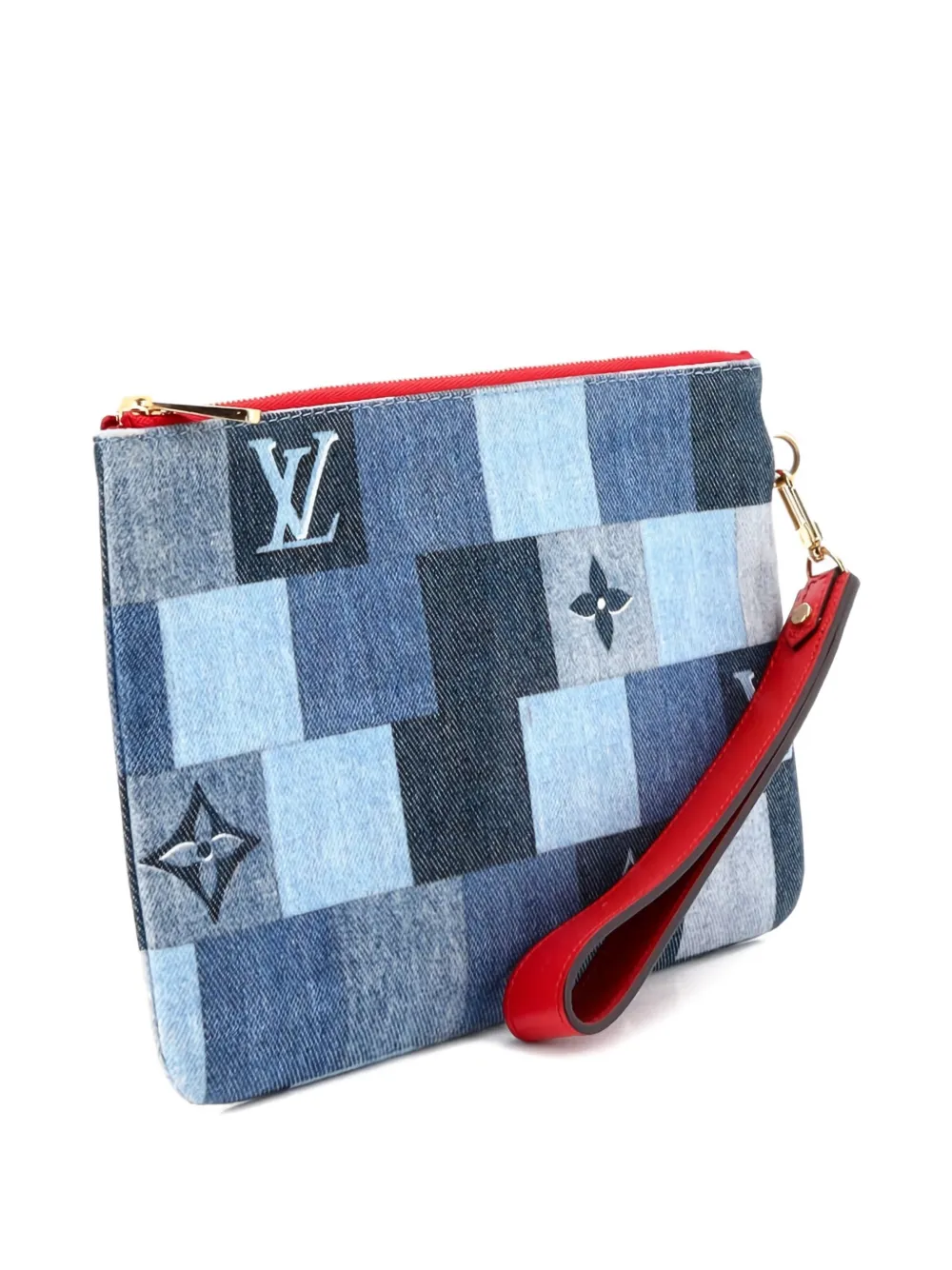 Pre-owned Louis Vuitton City Pouch Damier And Monogram Patchwork Denim Clutch Bag In Blue
