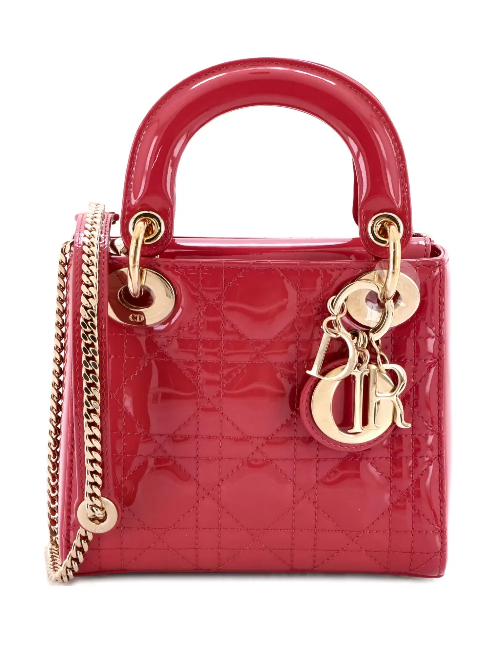 Pre-owned Dior Lady Chain Bag Cannage Quilt Patent Mini Satchel In Pink