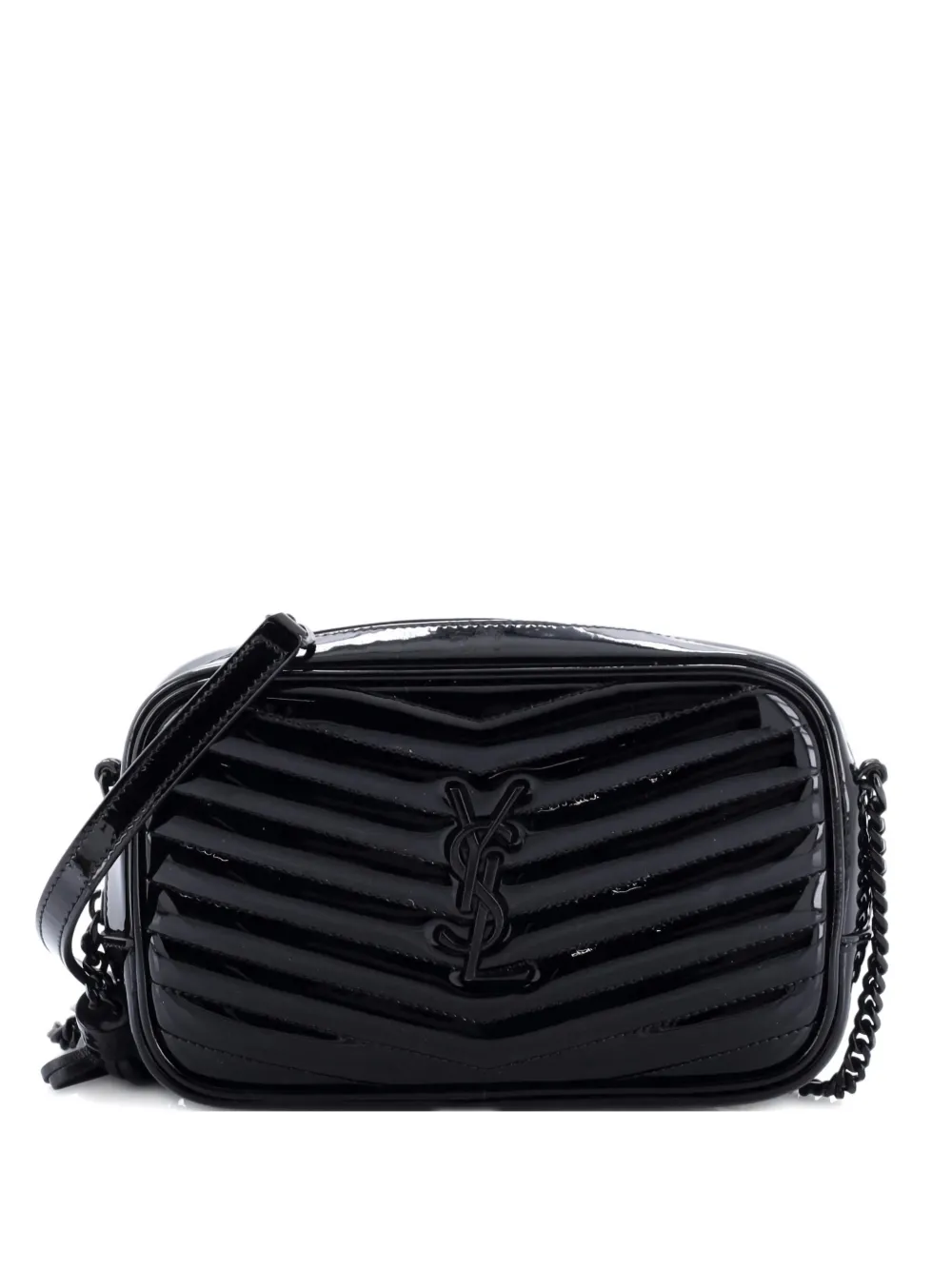 Pre-owned Saint Laurent Lou Camera Bag Matelasse Chevron Patent Mini Crossbody Bag In Black