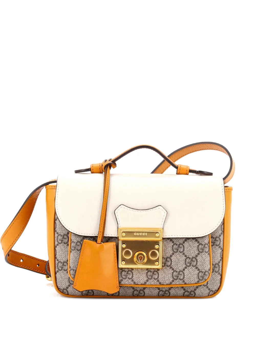 Pre-owned Gucci Padlock Front Pocket Flap Gg Coated Canvas And Leather Mini Shoulder Bag In Neutral