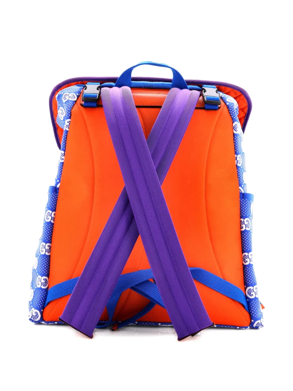 Pre-owned Gucci Panelled Double Buckle Gg Jacquard Nylon And Rubber Large Backpack In Blue