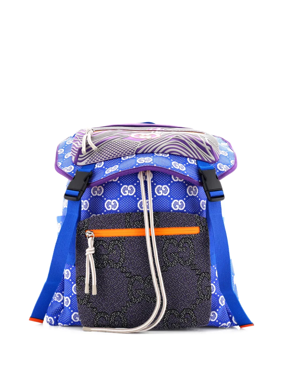 Gucci Pre-Owned Panelled Double Buckle GG Jacquard Nylon and Rubber Large backpack - Blu