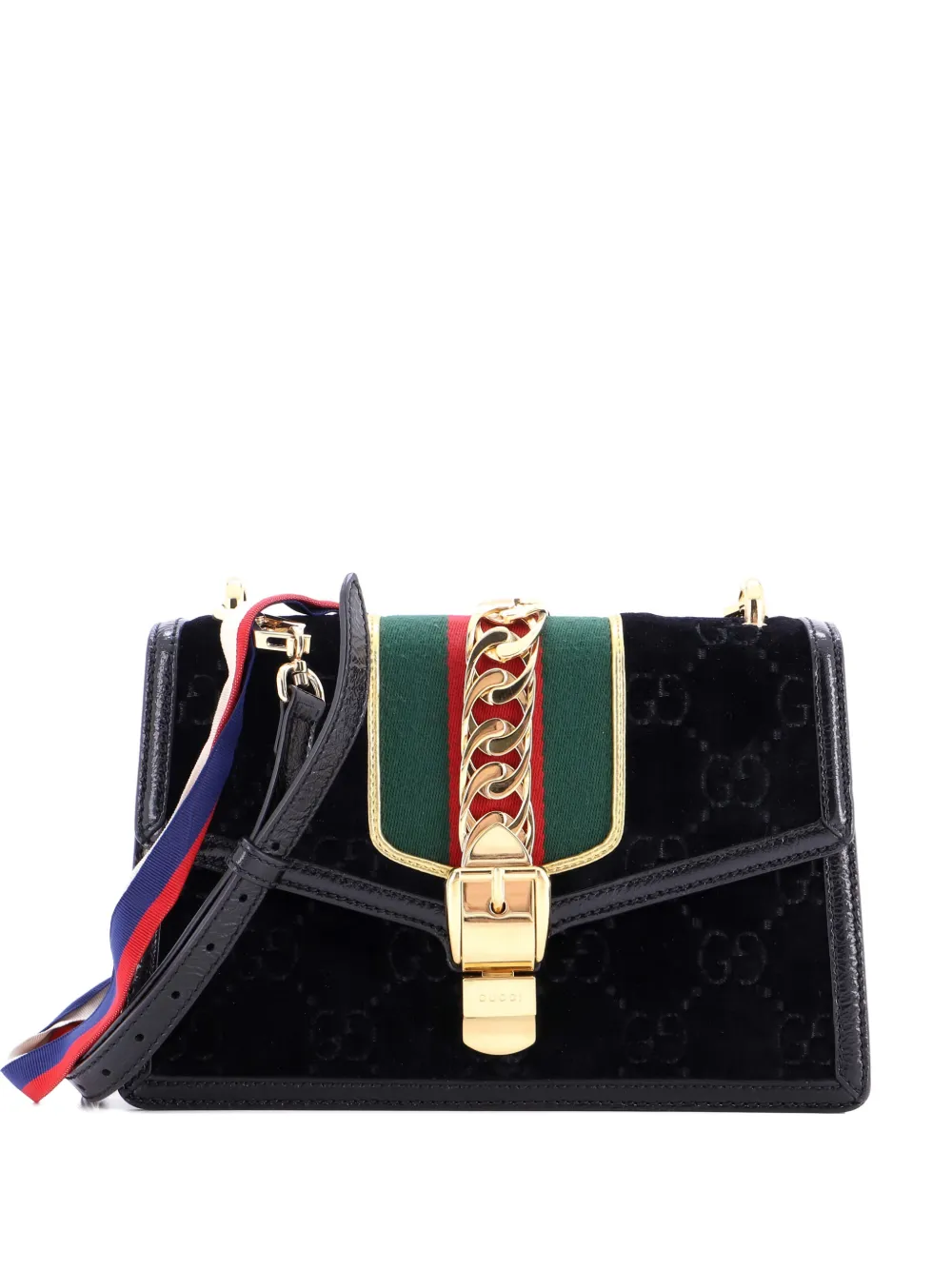 Pre-owned Gucci Sylvie Shoulder Bag Gg Velvet Small Crossbody Bag In Black
