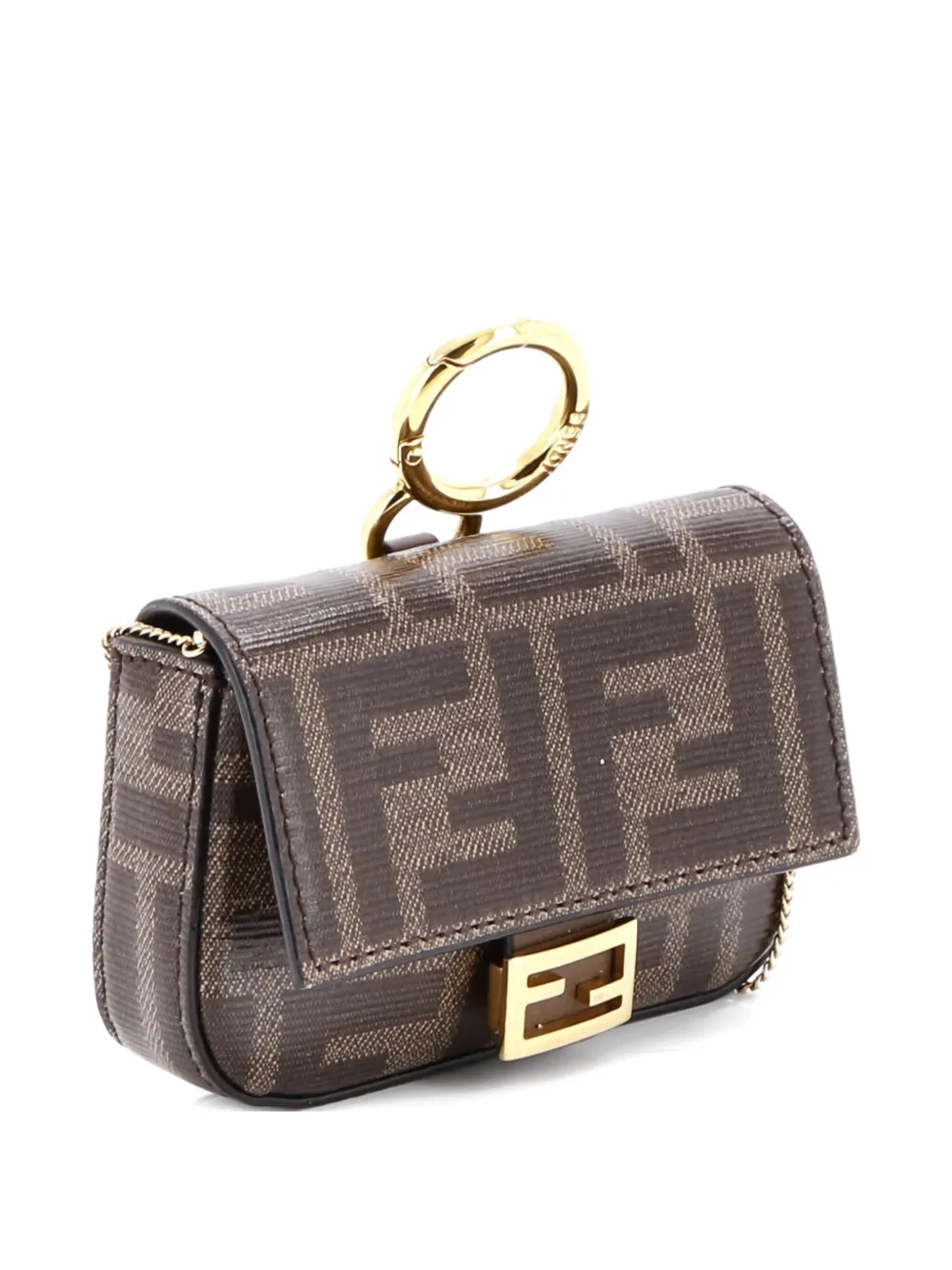 FENDI Pre-owned Chain Baguette Charm Bag Zucca Coated Canvas Nano Crossbody Bag In Brown