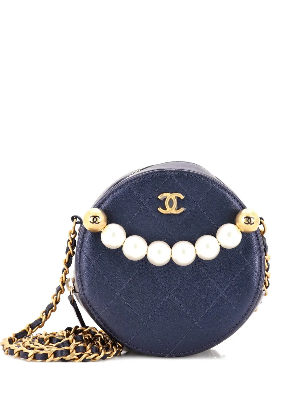 Pre-owned Chanel Chic Pearls Round Clutch With Chain Quilted Lambskin Crossbody Bag In Blue