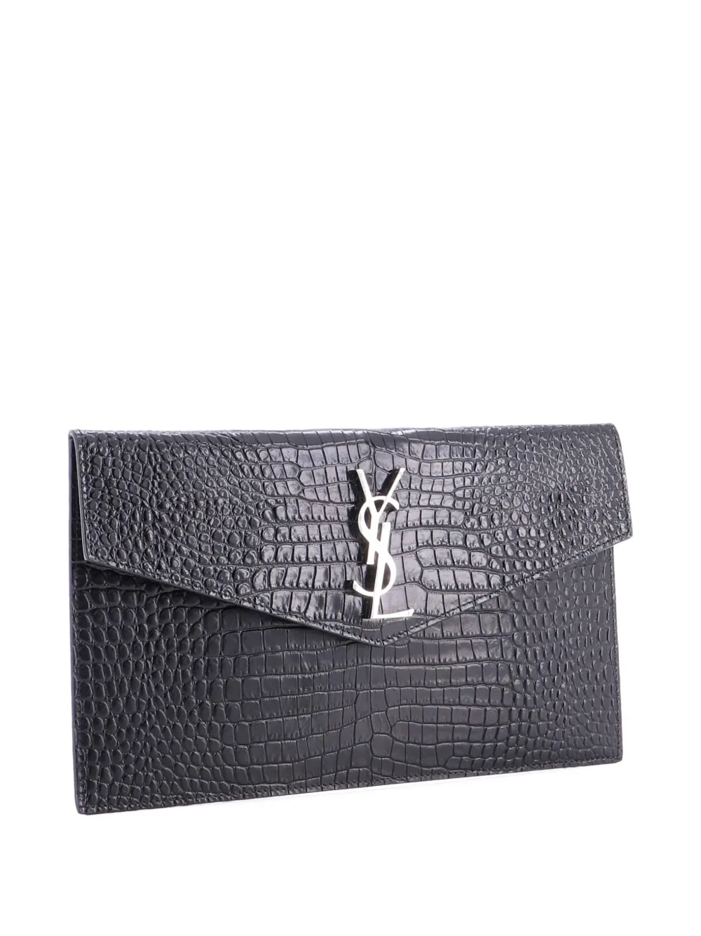 Pre-owned Saint Laurent Uptown Pouch Crocodile Embossed Leather Clutch Bag In Black