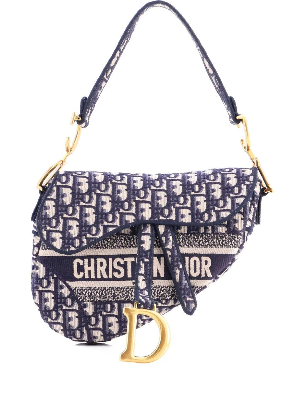 Pre-owned Dior Saddle Handbag Logo Embroidered Oblique Canvas Medium Shoulder Bag In Blue