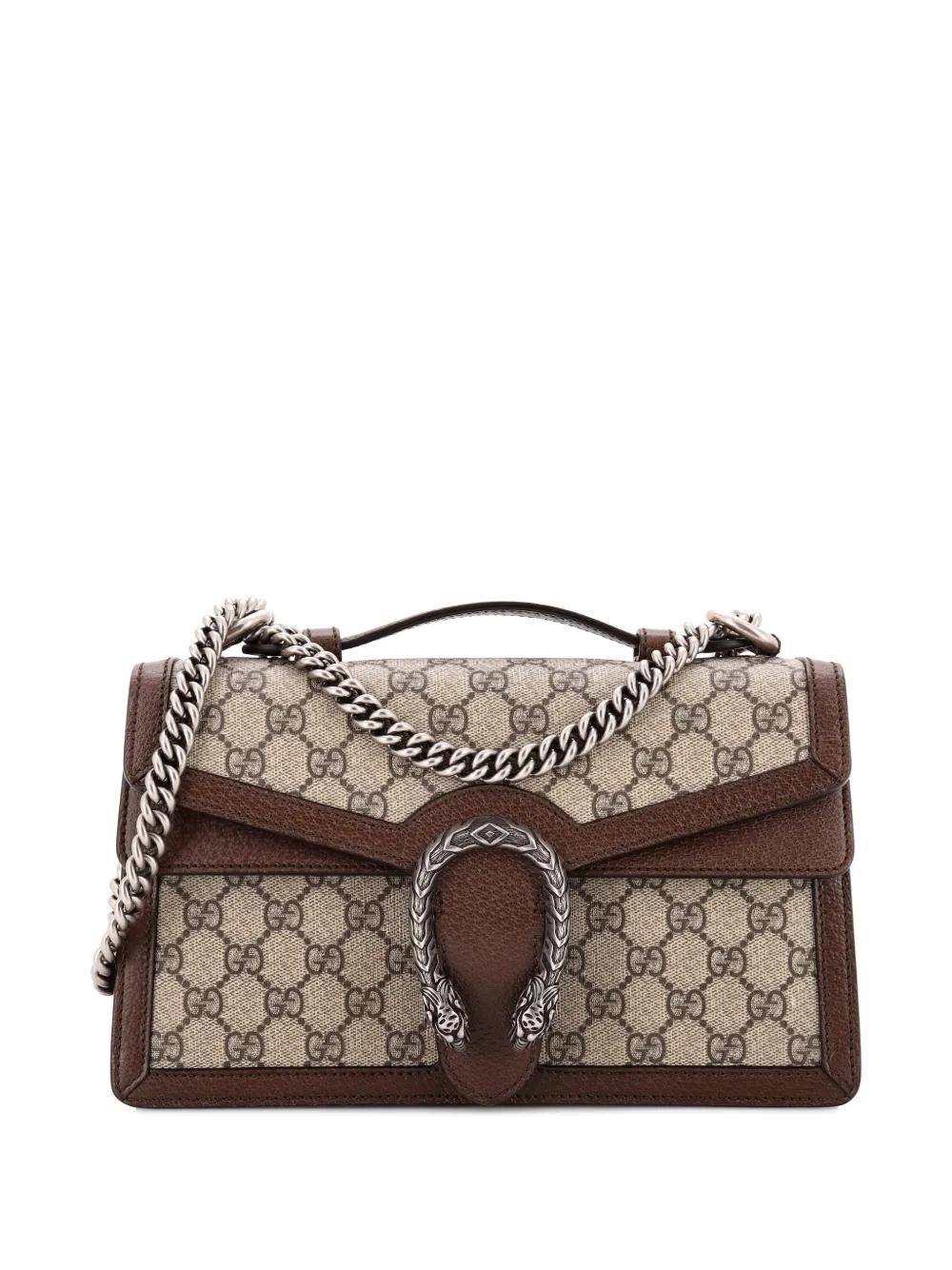 Pre-owned Gucci Dionysus Top Handle Chain Bag Gg Coated Canvas Small Satchel In Brown