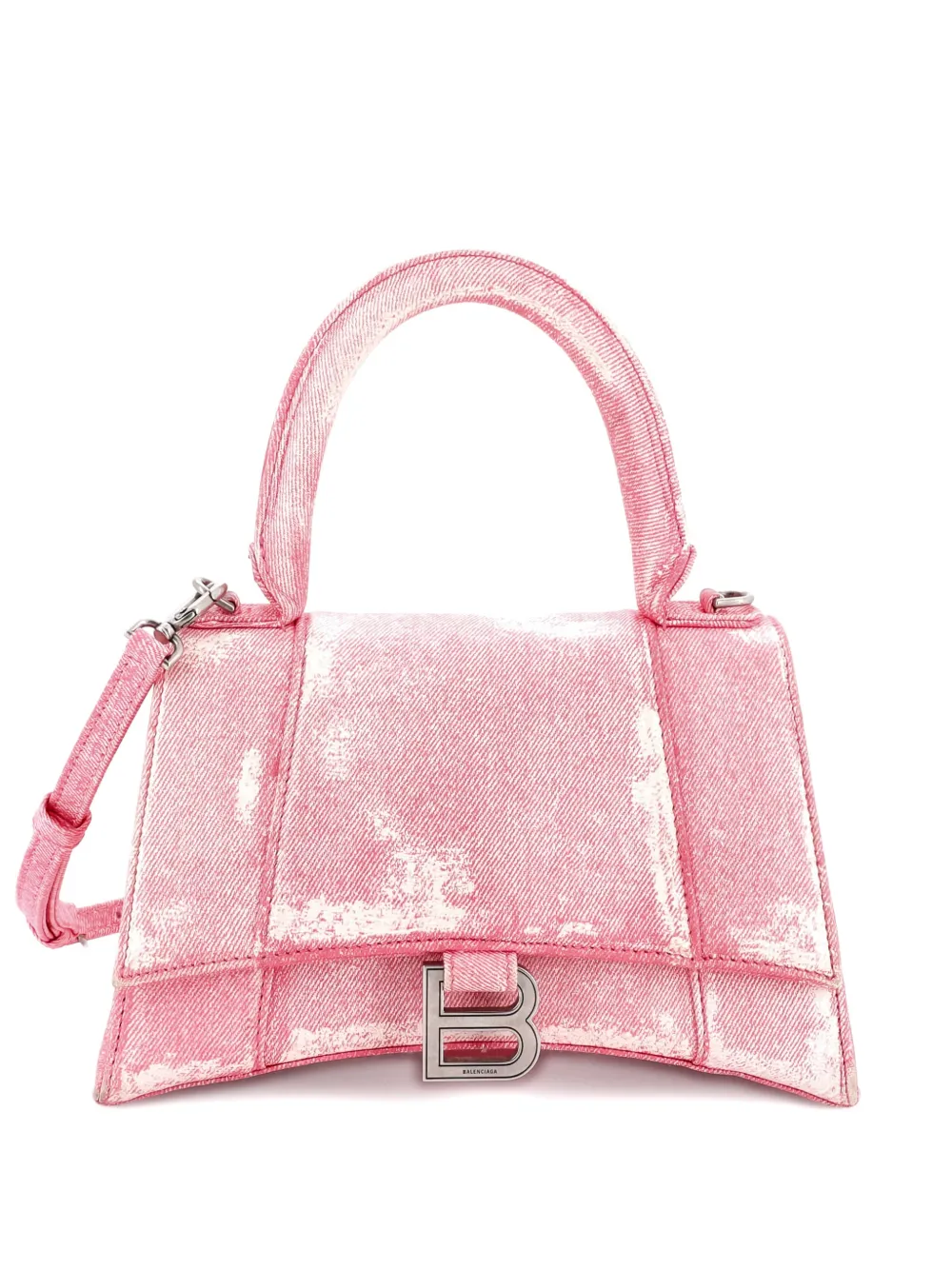 Pre-owned Balenciaga Hourglass Top Handle Bag Denim Printed Leather Small Satchel In Pink