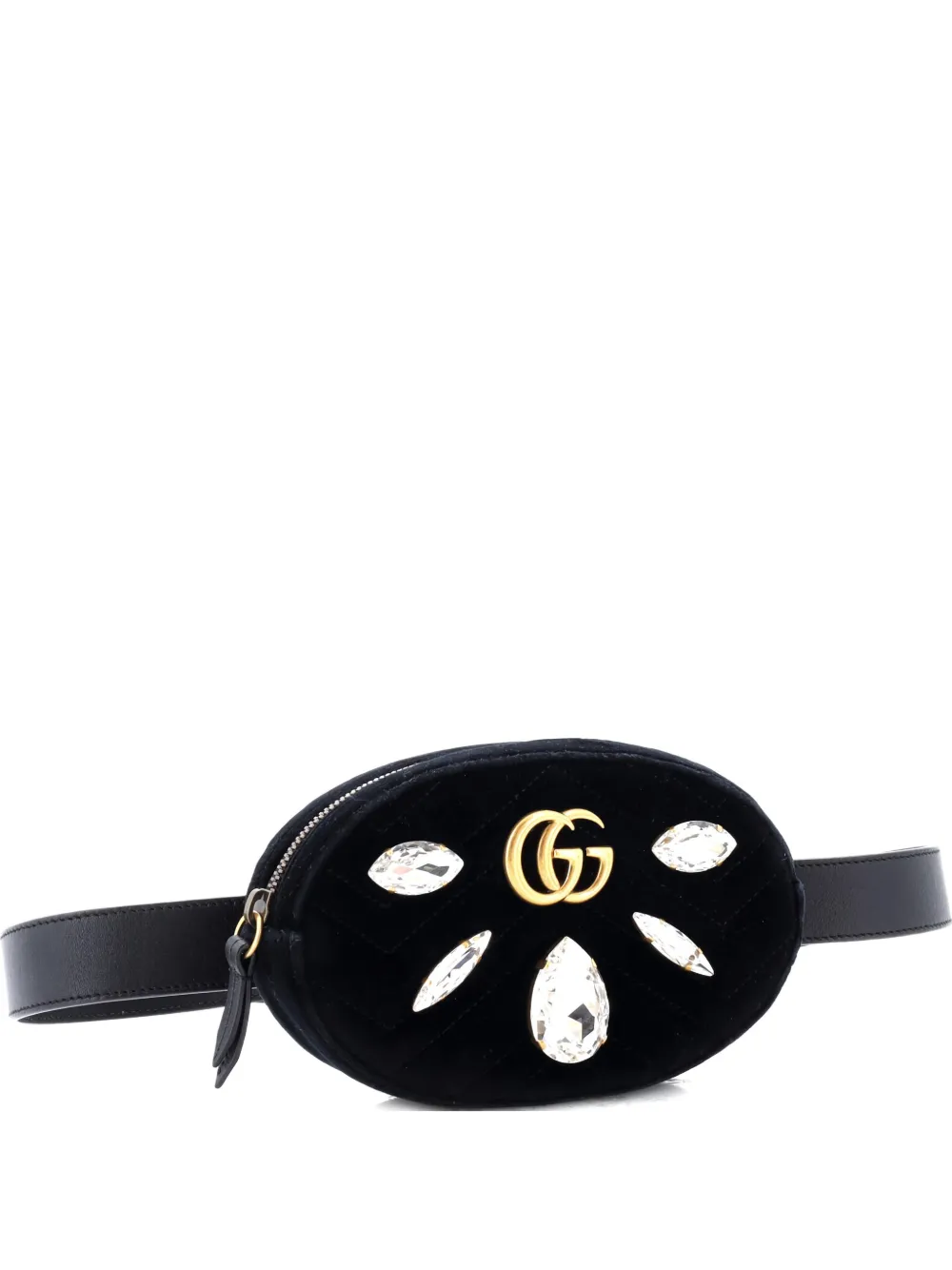 Pre-owned Gucci Gg Marmont Embellished Matelasse Velvet Belt Bag In Black