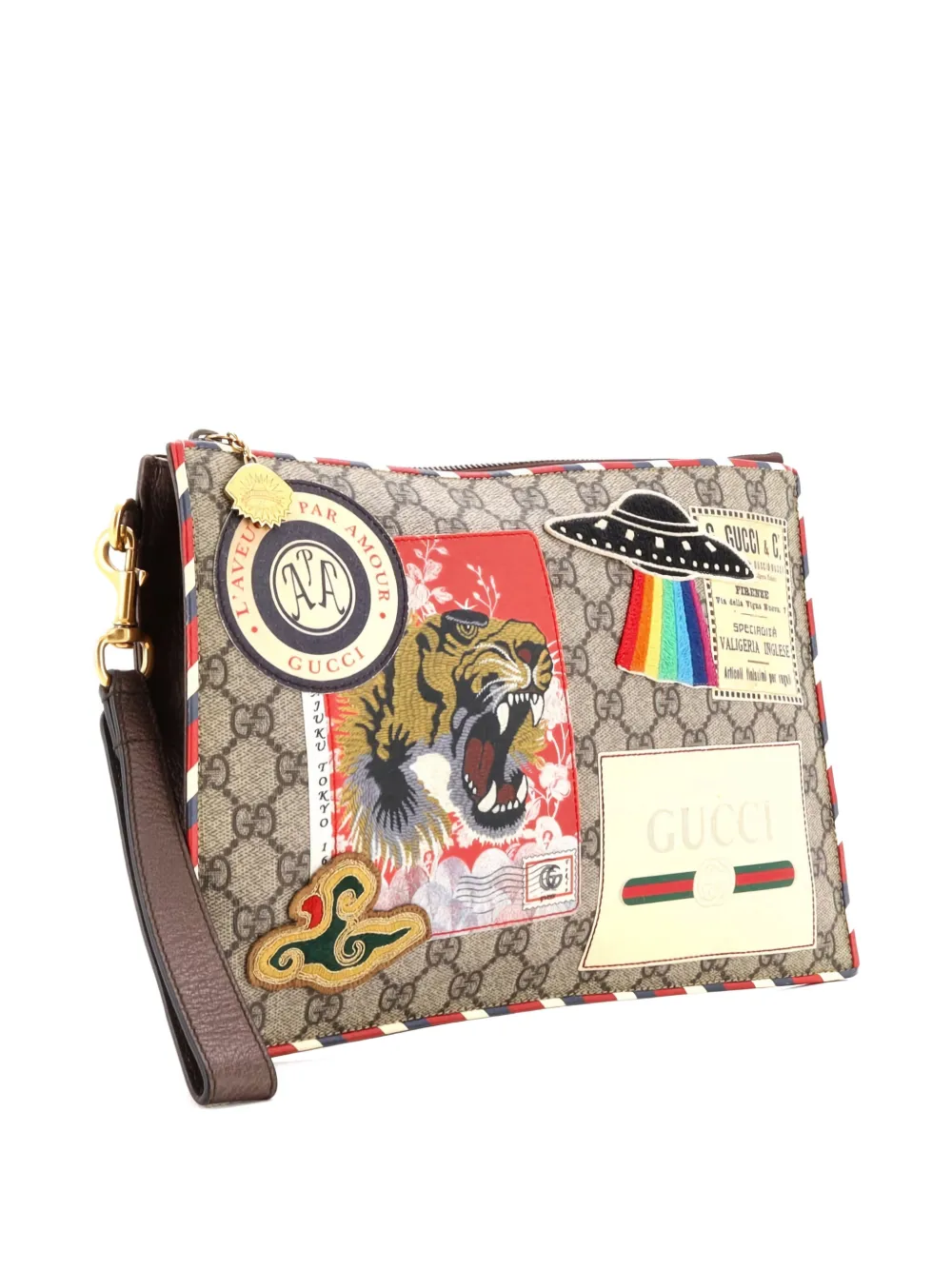 Pre-owned Gucci Courrier Pouch Gg Coated Canvas With Applique Clutch Bag In Brown