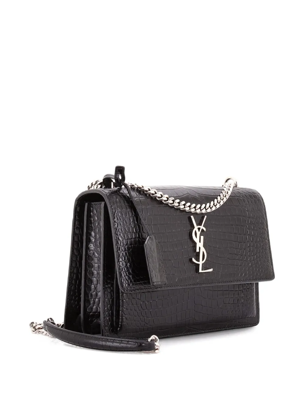 Pre-owned Saint Laurent Sunset Crocodile Embossed Leather Medium Crossbody Bag In Black