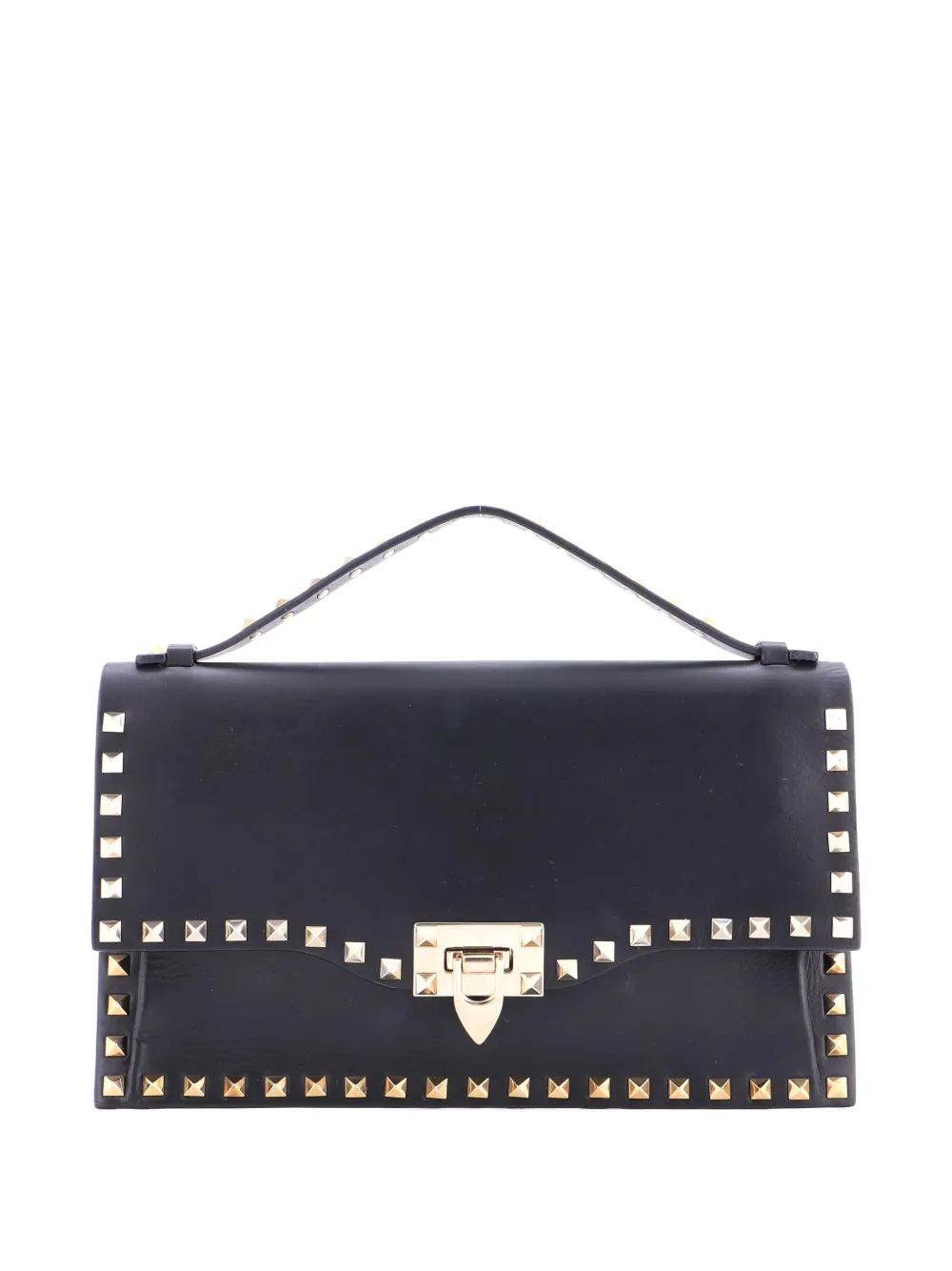 Pre-owned Valentino Garavani Rockstud Flip Lock Top Handle Bag Leather Small Satchel In Black
