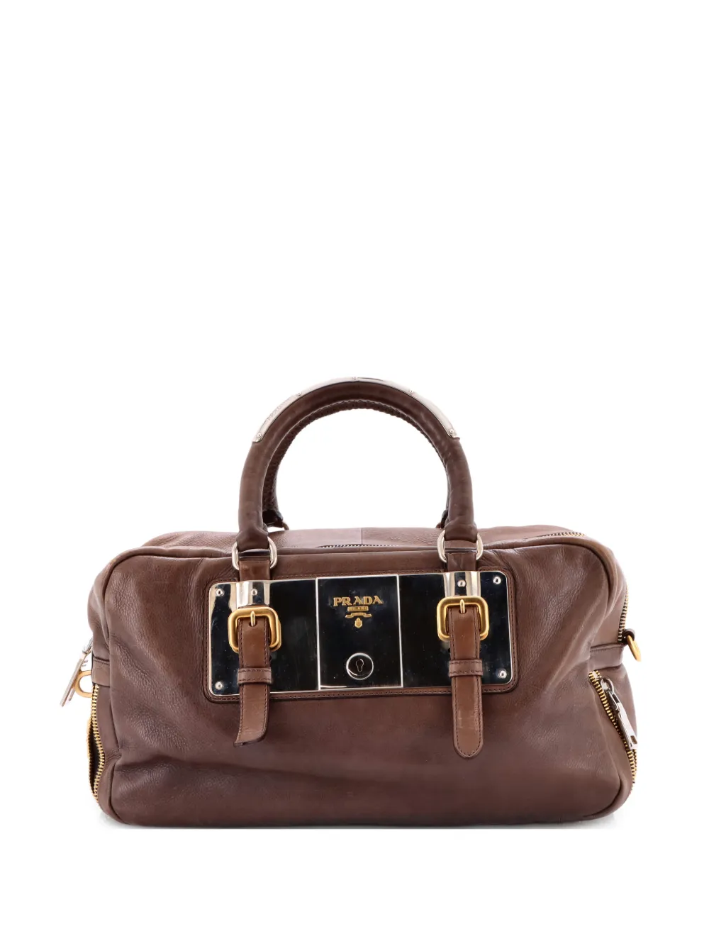 Prada Pre-Owned Lock Plate Zippers Glace Calf Large satchel | Brown | Image 1